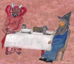 Illustration of a demon and wizard dining together
