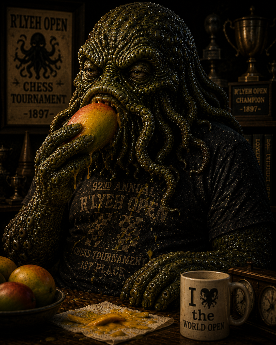space monster eating a mango