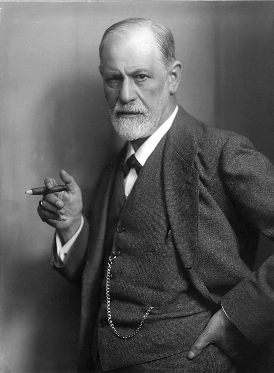 Sigmund Freud seated and holding a cigar