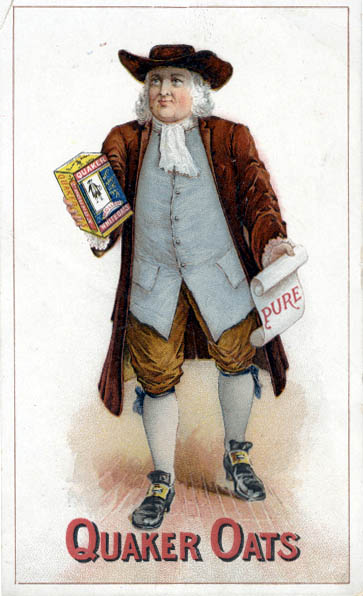 Historic Quaker Oats advertisement showing a Quaker holding a package of oats