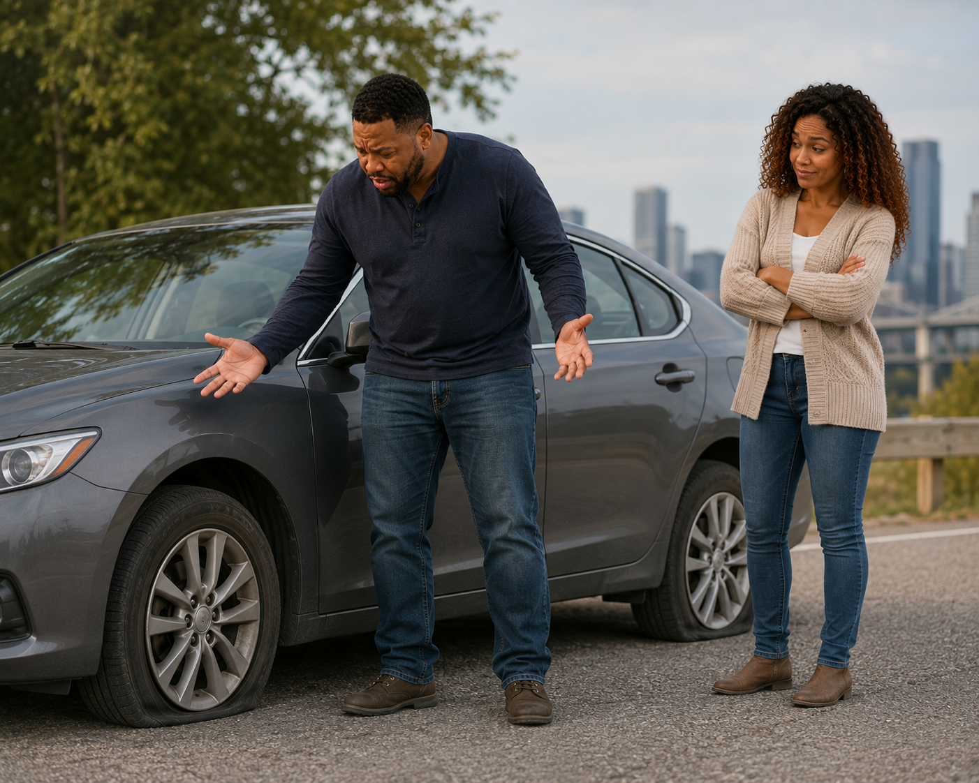 A couple standing beside a car with completely flat tires.