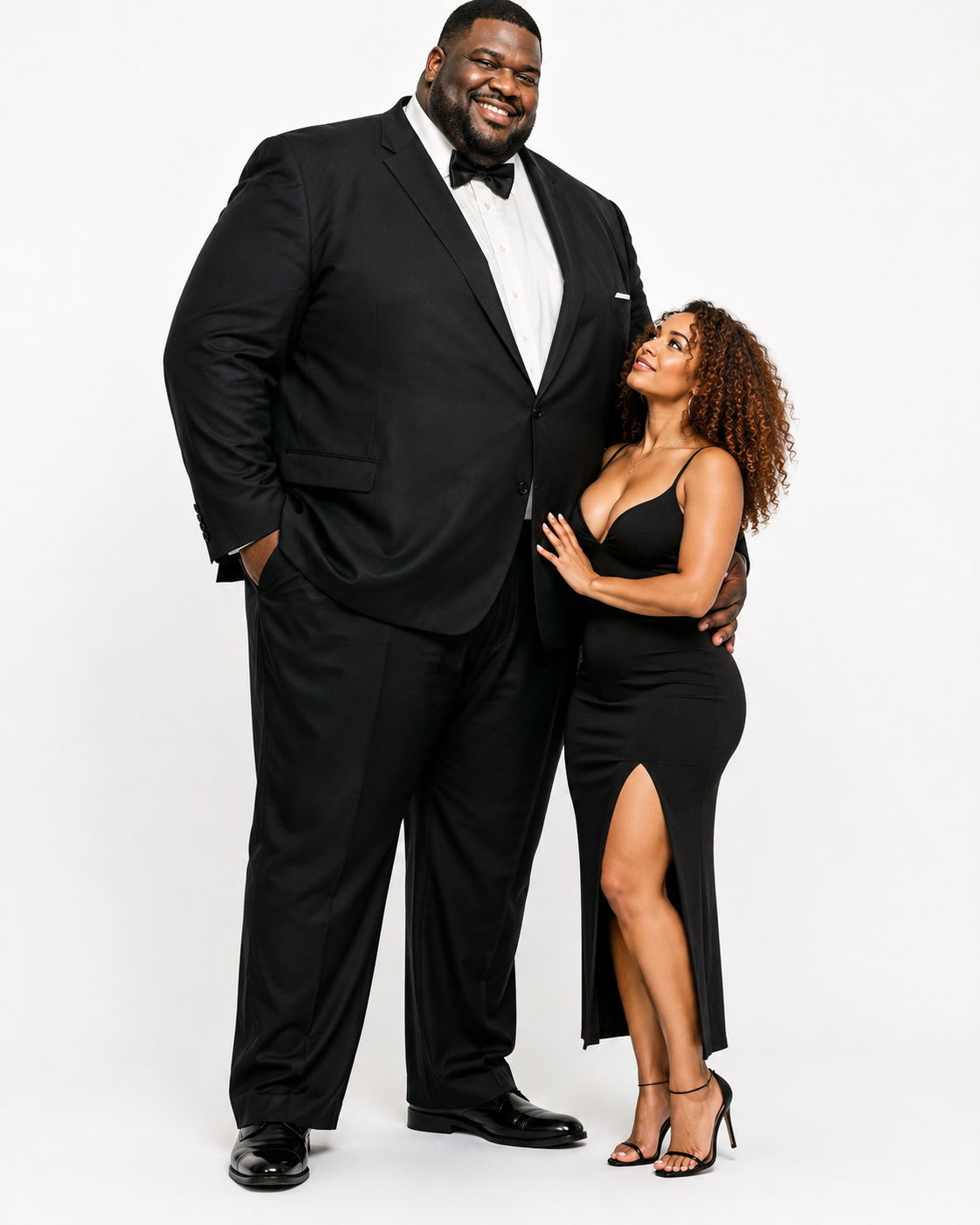 An absurdly gigantic husband standing proudly beside his glamorous wife.