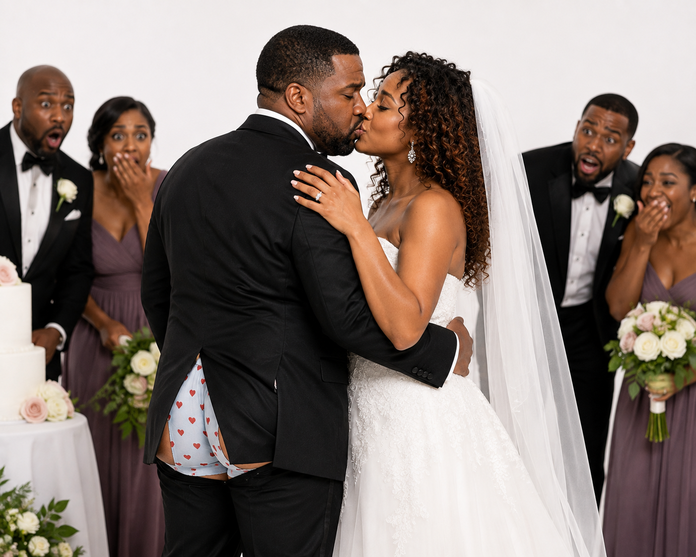 A bride and groom kissing as the groom's tuxedo trousers split at the seam.