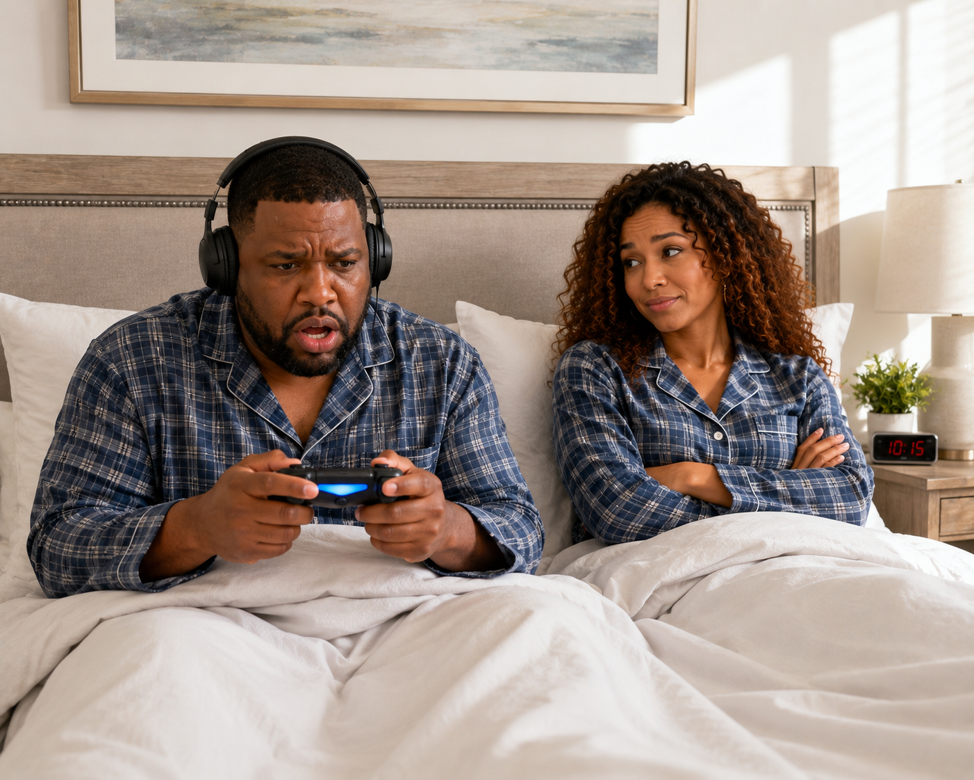 A husband playing video games in bed while his wife looks bored and annoyed.