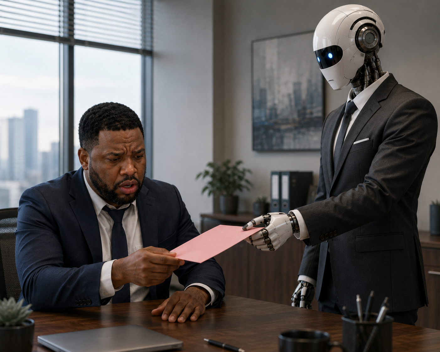 A humanoid robot handing a worried employee a pink sheet of paper in a modern office.