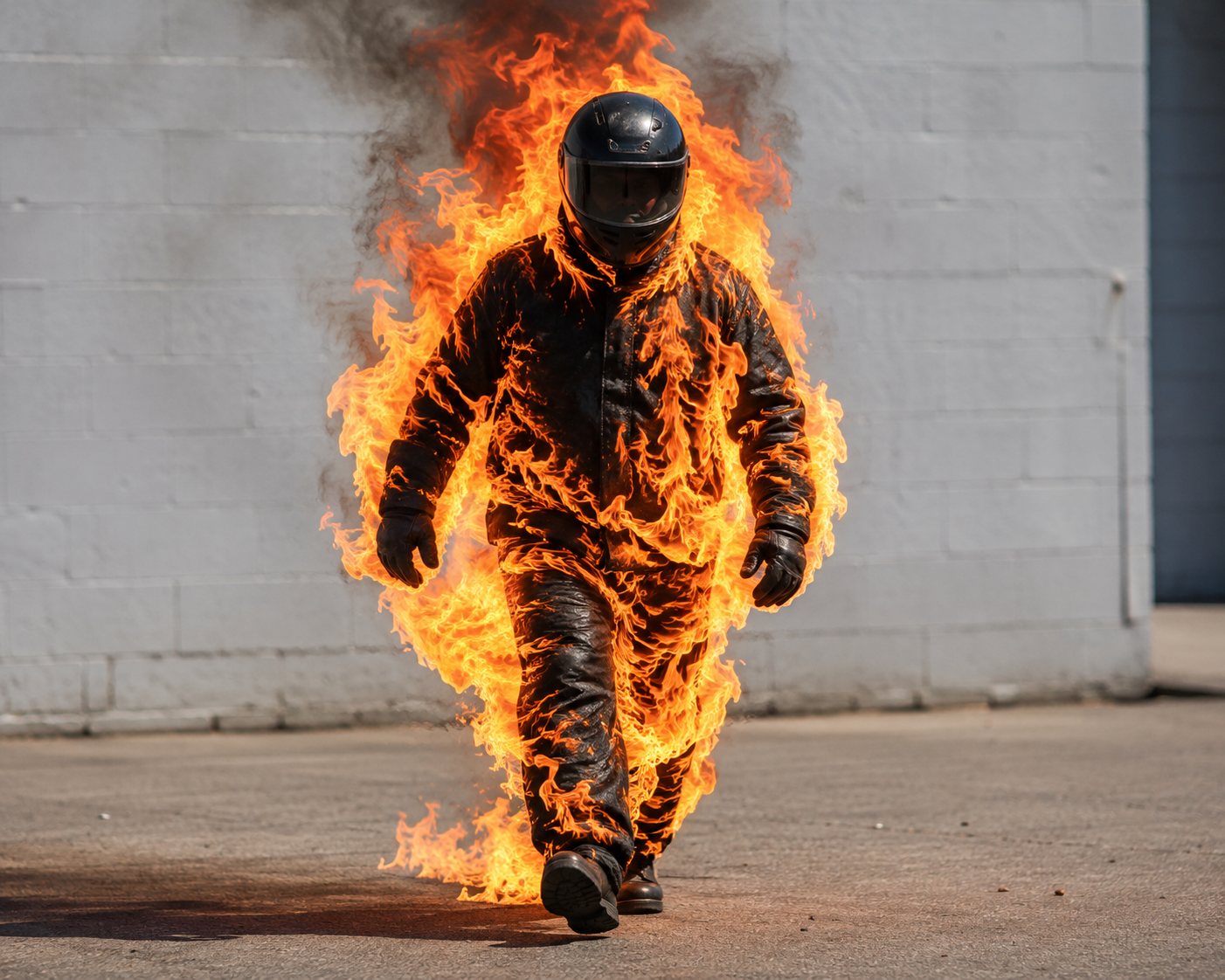 A person engulfed in flames during a controlled stunt