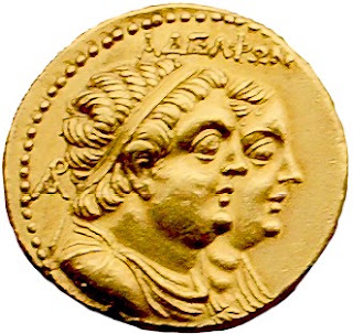 Ancient coin depicting Ptolemy Philadelphus and his sister Arsinoe